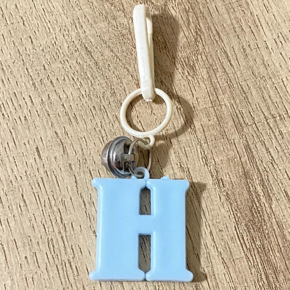 Vintage 80s Plastic Clip On Bell Charm Letter H Baby Blue Alphabet Toy Jewelry